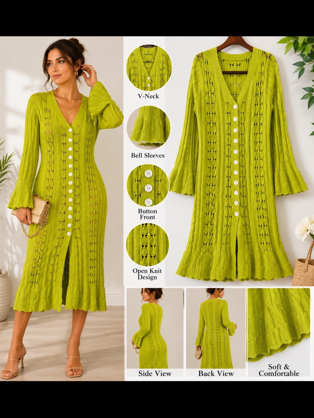 Boutique 9 Lime Green Open-Knit Button-Front Midi Dress